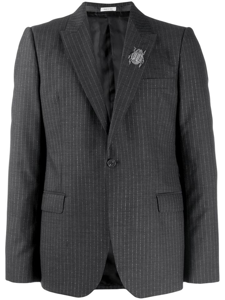 Alexander Mcqueen Insect Embellished Pinstriped Blazer - Grey