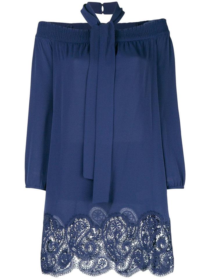 Michael Kors Collection Scalloped Hem Lace Trim Halter Dress - Blue