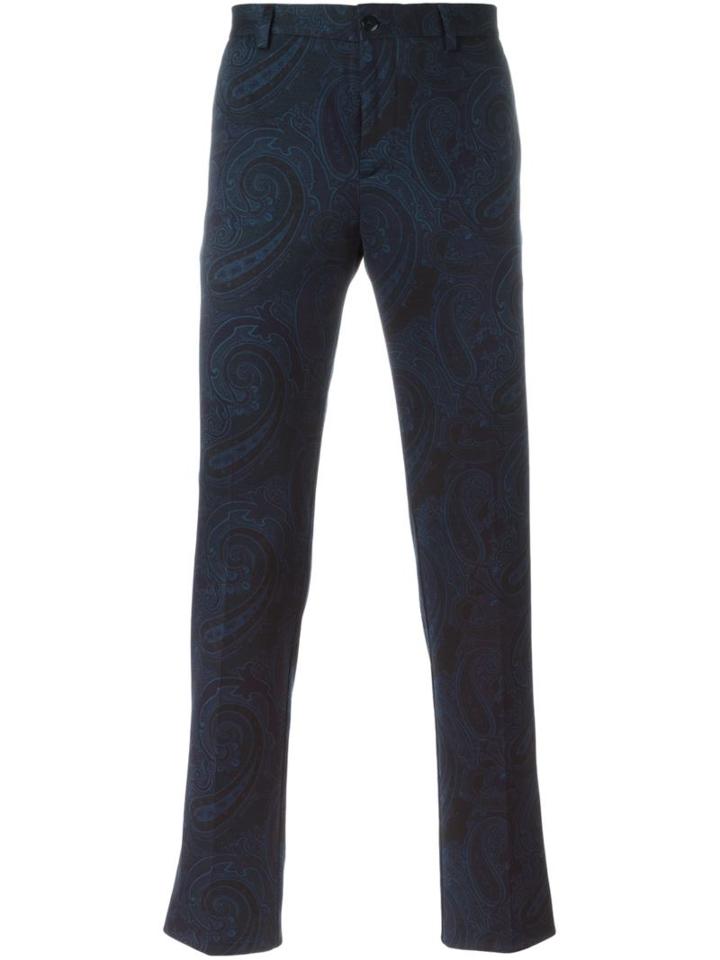 Etro Paisley Print Trousers, Men's, Size: 48, Blue, Cotton/polyamide