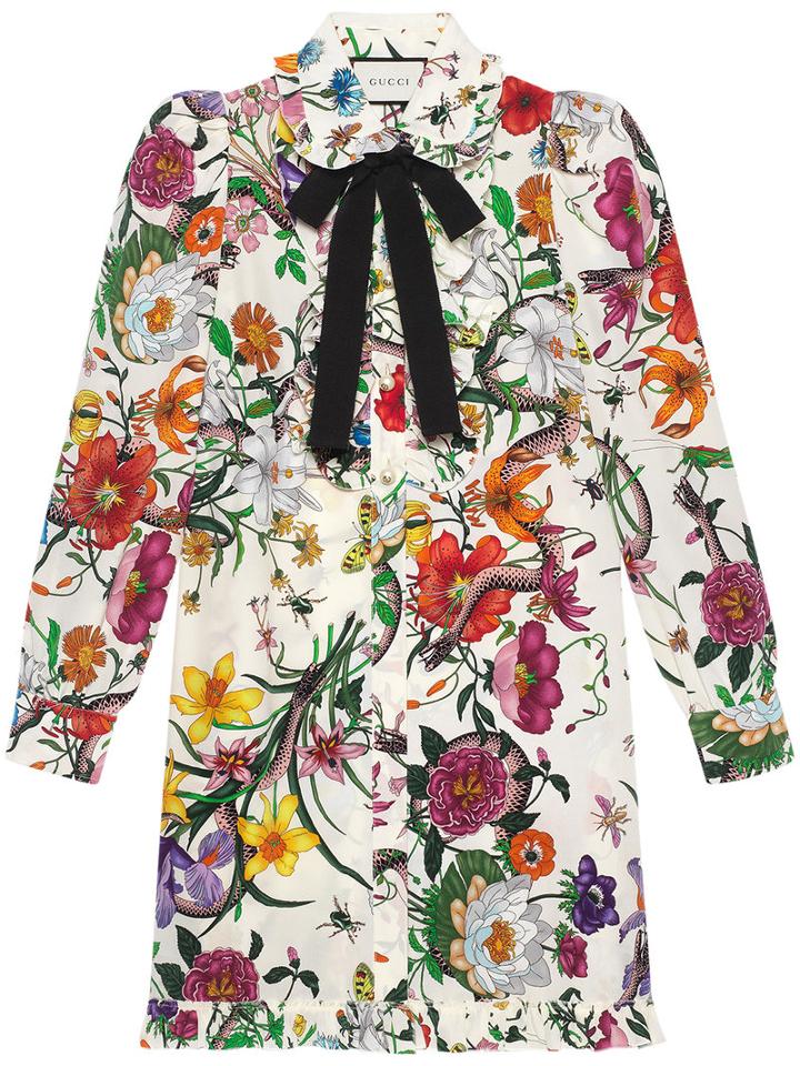 Gucci - Flora Snake Print Long Shirt - Women - Silk - 44, White, Silk