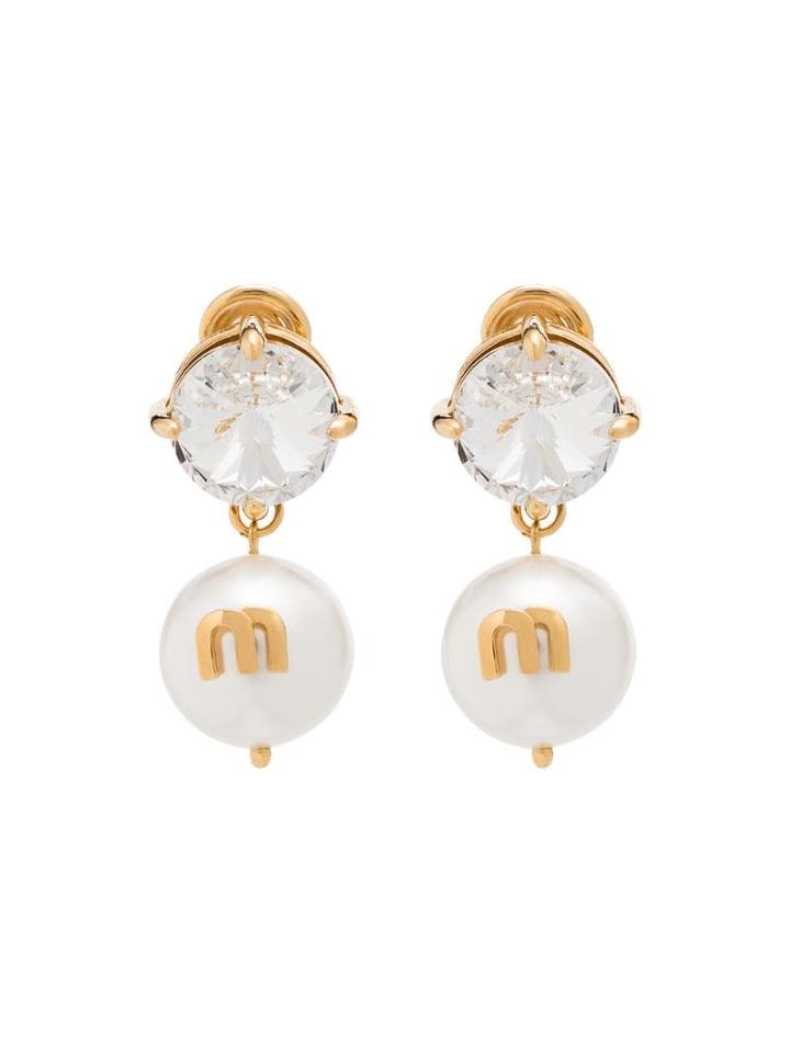 Miu Miu Crystal And Pearl Drop Earrings - Oro/ White/ Crystal