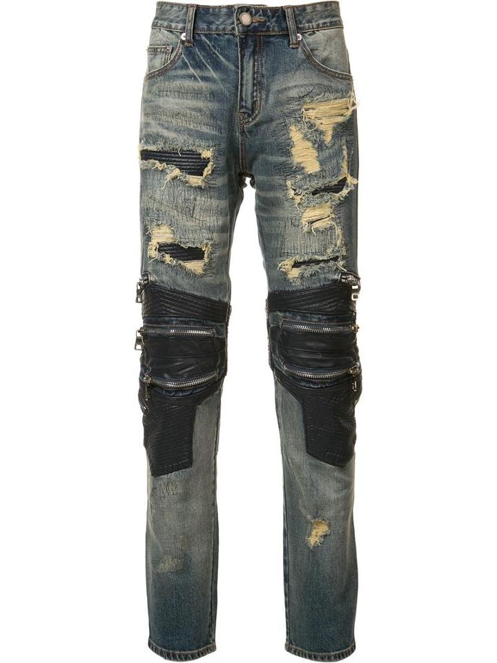 God's Masterful Children Zipped Ripped Skinny Jeans, Men's, Size: 30, Blue, Cotton/polyester