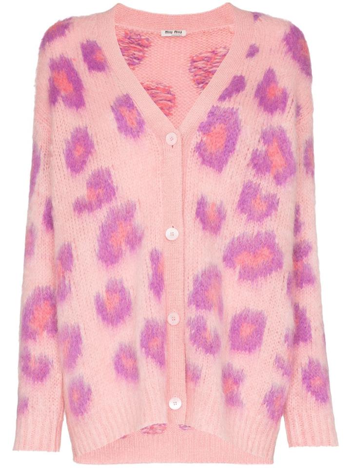 Miu Miu Leopard Print Knit Cardigan - Pink