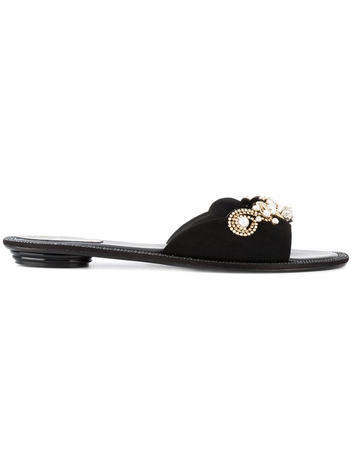 René Caovilla Pearl Embellished Mules - Black