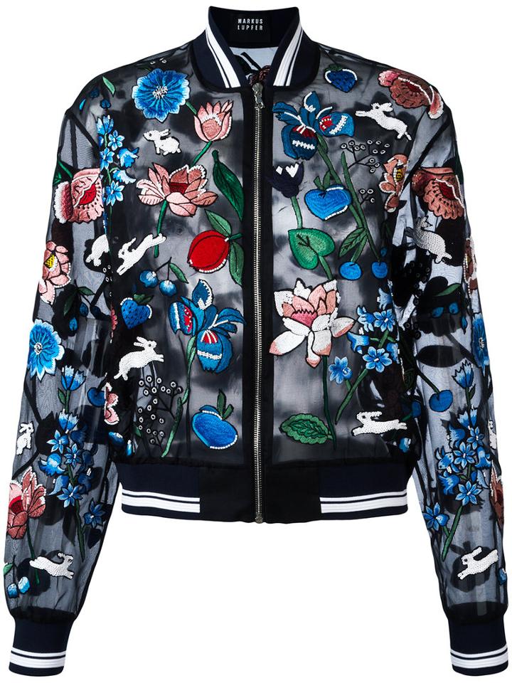 Markus Lupfer - Embroidered Garden 'charlotte' Bomber - Women - Silk/viscose - M, Black, Silk/viscose