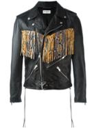 Saint Laurent Fringed Biker Jacket, Men's, Size: 50, Black, Lamb Skin/cupro/cotton
