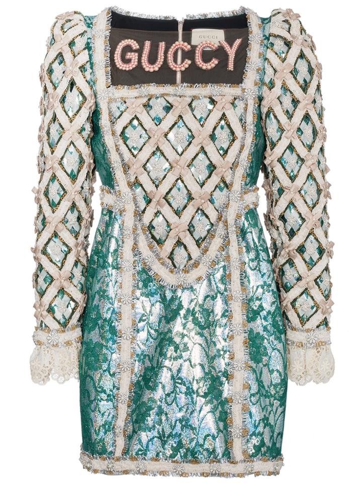 Gucci Square Neck Guccy Mini Dress - Green