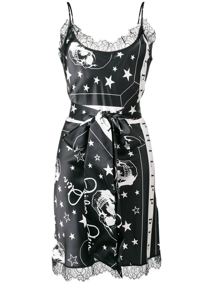 Philipp Plein Skull Print Belted Slip Dress - Black