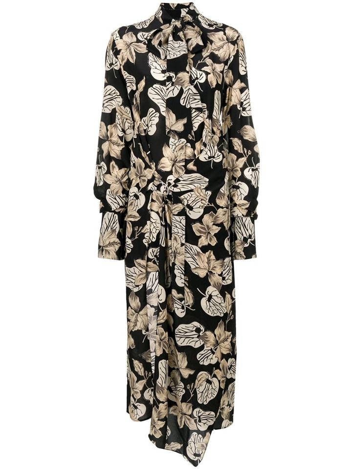 Rokh Asymmetric Floral Print Shirt Dress - Black