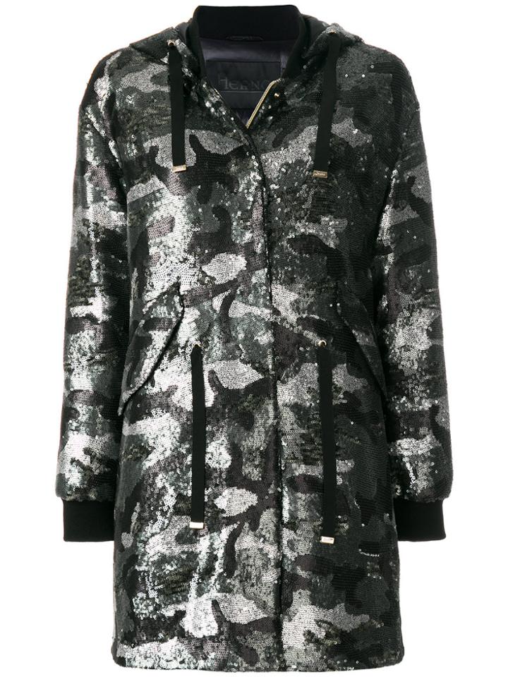 Herno Sequinned Camouflage Hooded Coat - Black