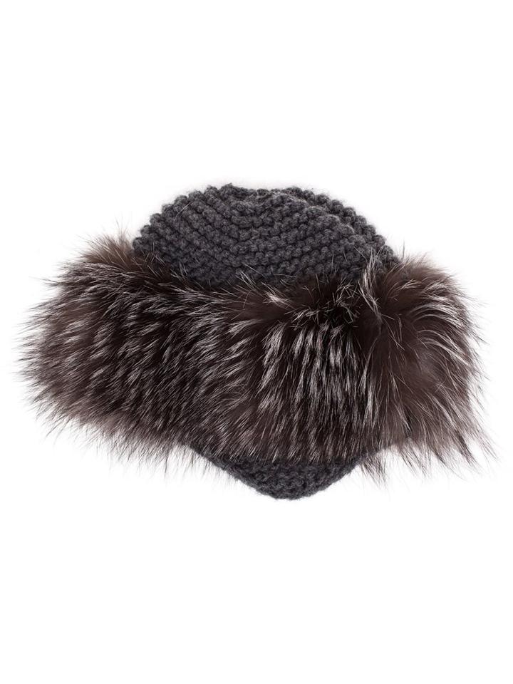 Inverni Fur Trim Beanie, Women's, Grey, Fox Fur/cashmere