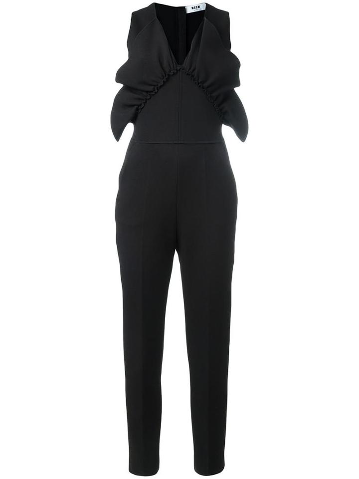 Msgm - Ruffled Detail V-neck Jumpsuit - Women - Polyester/spandex/elastane/viscose - 44, Black, Polyester/spandex/elastane/viscose