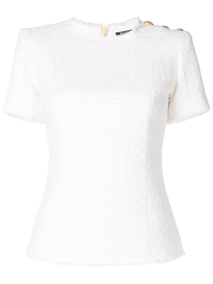 Balmain Tweed Button Shoulder Top - White