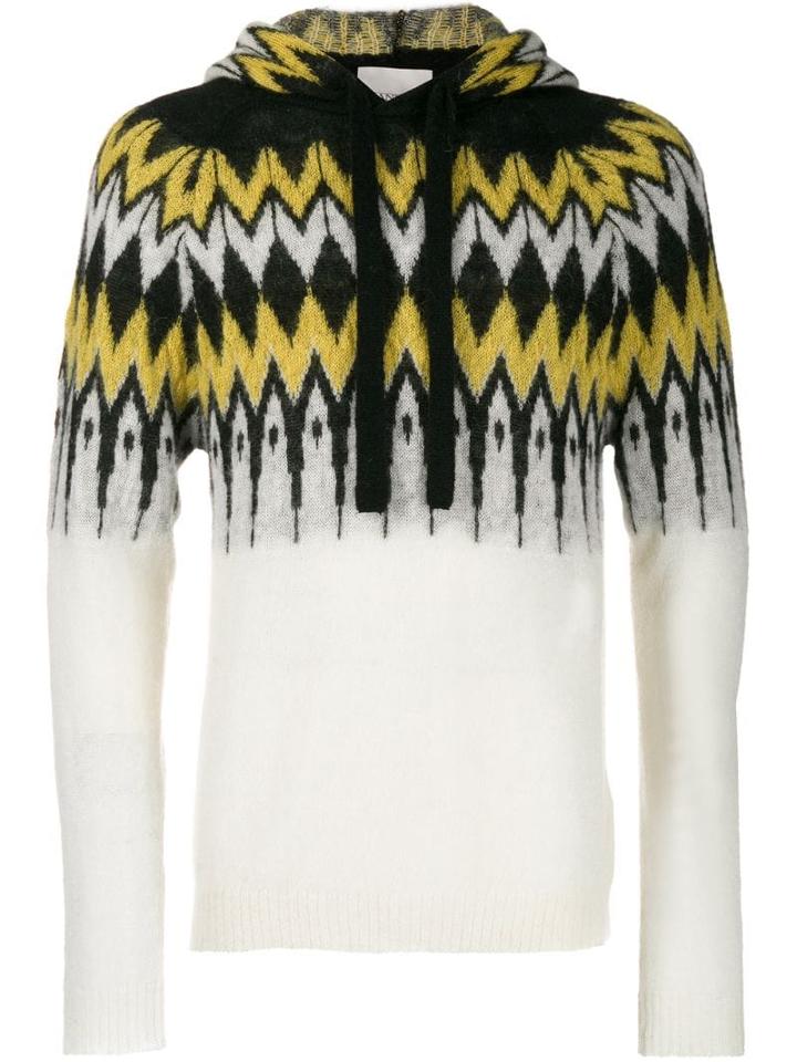 Laneus Geometric Pattern Knitted Hoodie - White