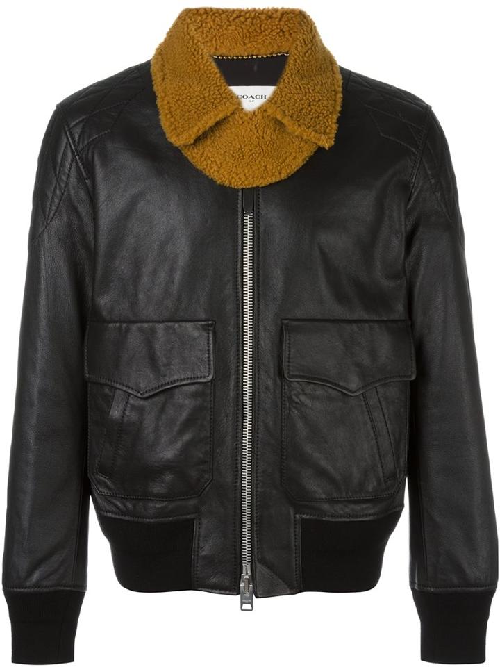 Coach Zipped Bomber Jacket, Men's, Size: 48, Black, Calf Leather/lamb Skin/nylon/merino