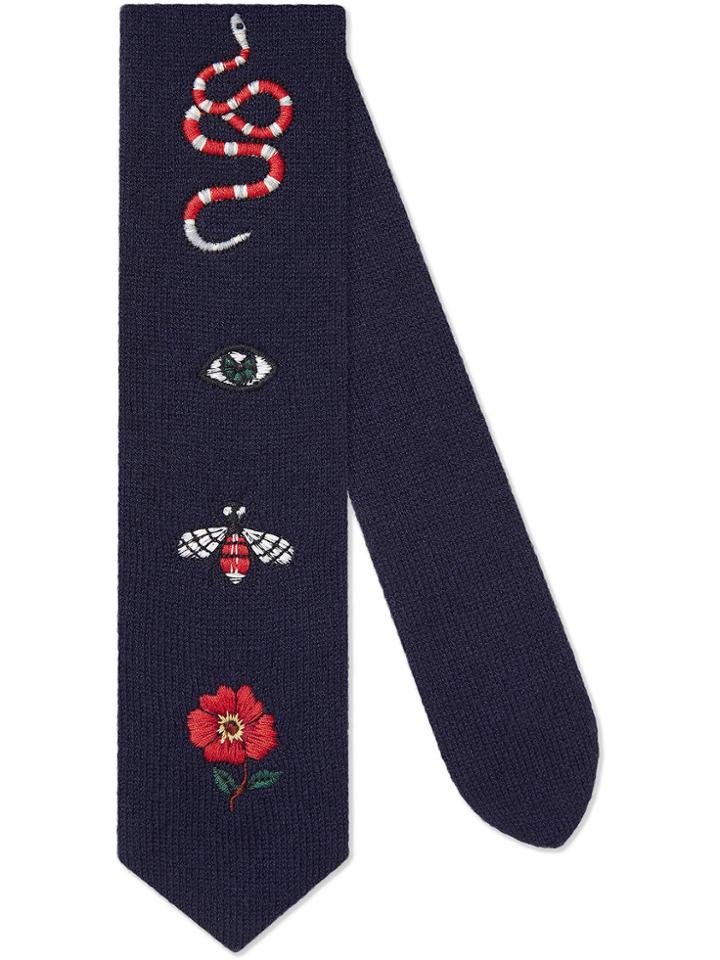Gucci Embroidered Wool Tie - Blue
