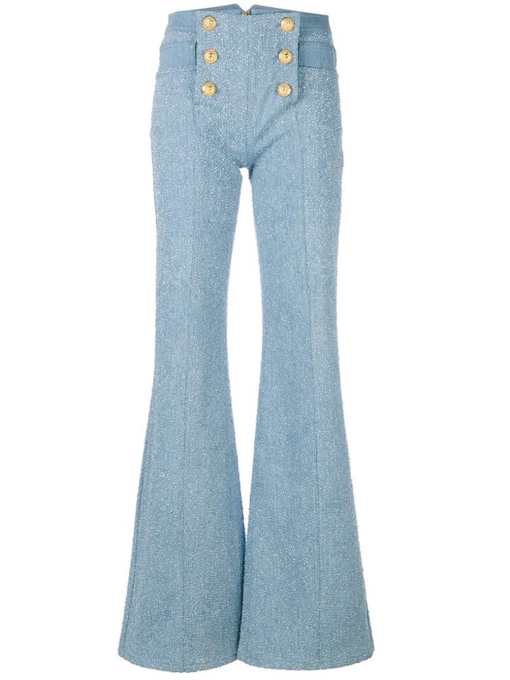 Balmain 6 Button Flocked Wide Leg Jeans - Blue