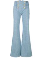 Balmain 6 Button Flocked Wide Leg Jeans - Blue