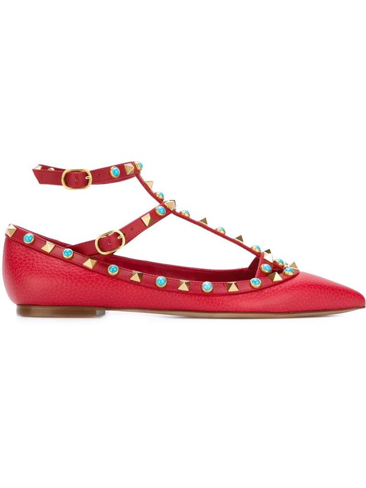Valentino Garavani Rockstud Rolling Ballerinas, Women's, Size: 38.5, Red, Leather/metal Other