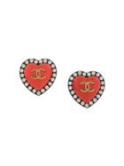 Chanel Vintage Vintage Cc Heart Motif Earrings - Red