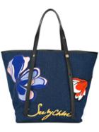 See By Chloé Magnolia Embroidered Tote, Women's, Blue, Polyurethane