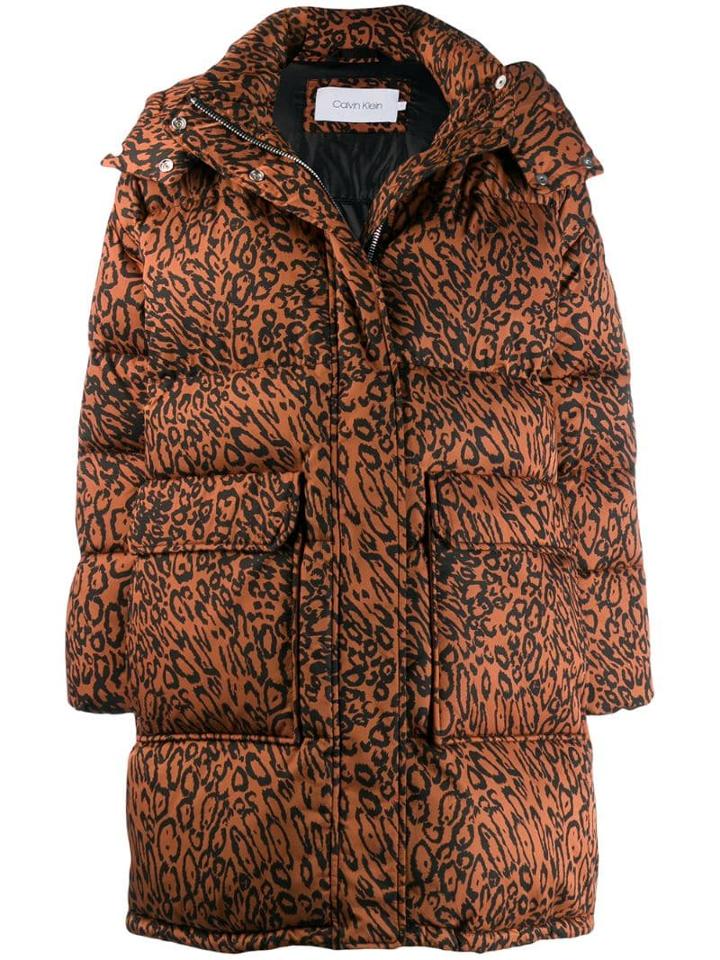 Calvin Klein Leopard Print Parka Coat - Brown