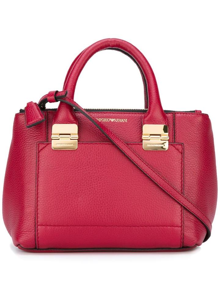 Emporio Armani Contrast Stitching Tote Bag, Women's, Red, Calf Leather