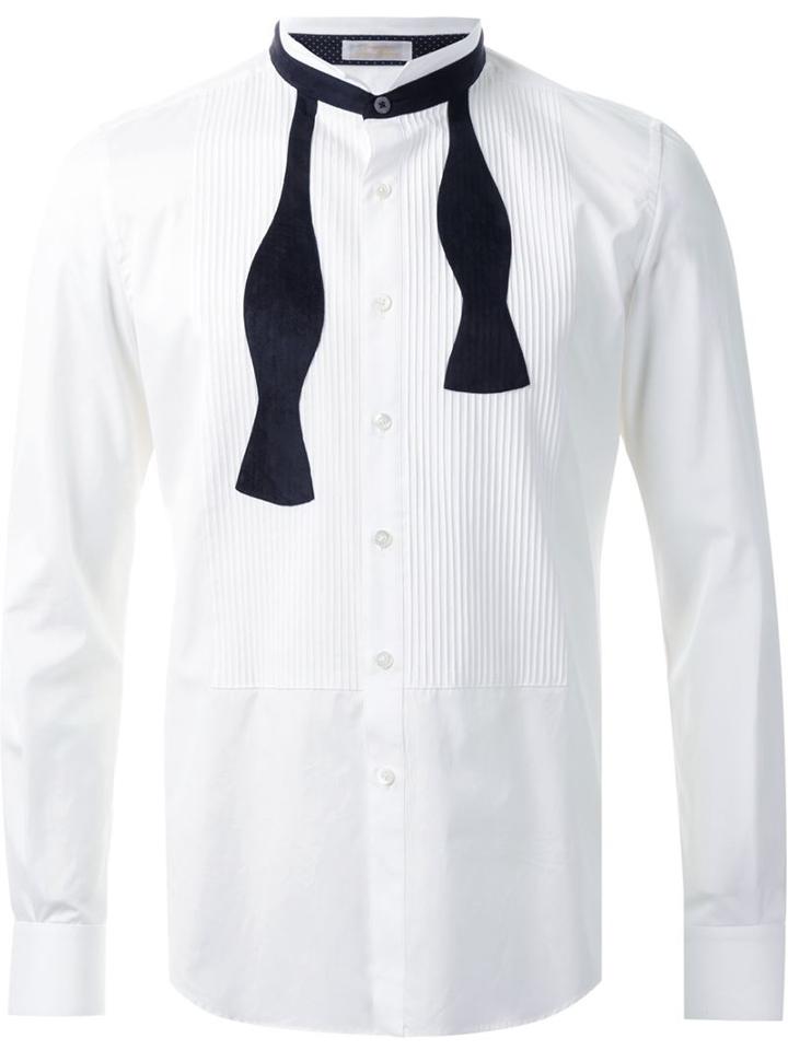 Education From Youngmachines Pleated Panel Bow Tie Applique Button Down Shirt, Men's, Size: 1, White, Cotton