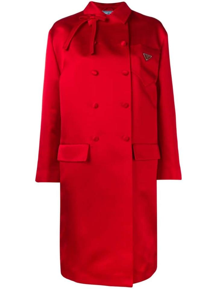 Prada Double-breasted Bow Embellished Silk Coat - Red