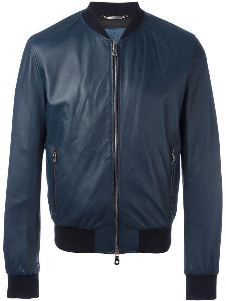Dolce & Gabbana - Leather Bomber Jacket - Men - Cotton/calf Leather/nylon/viscose - 48, Blue, Cotton/calf Leather/nylon/viscose