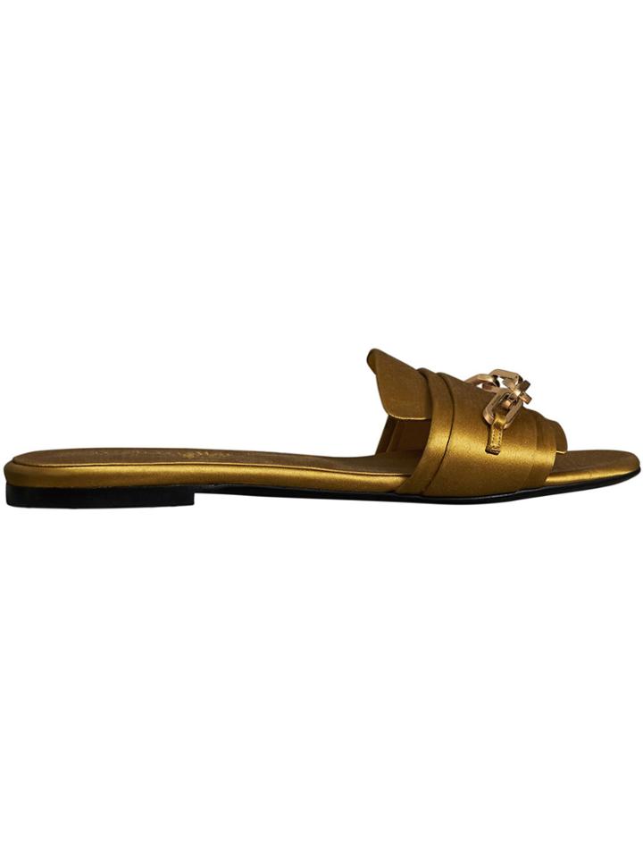Burberry Link Detail Satin And Leather Slides - Yellow & Orange