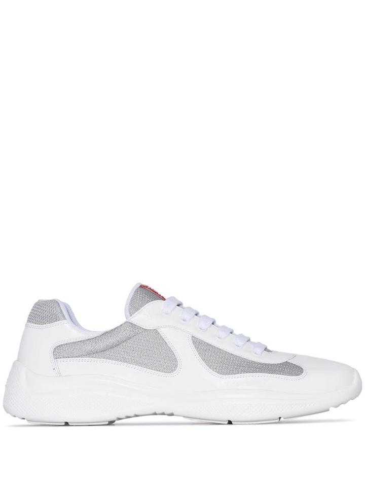 Prada White And Silver Tone Americas Cup Low Top Patent Leather