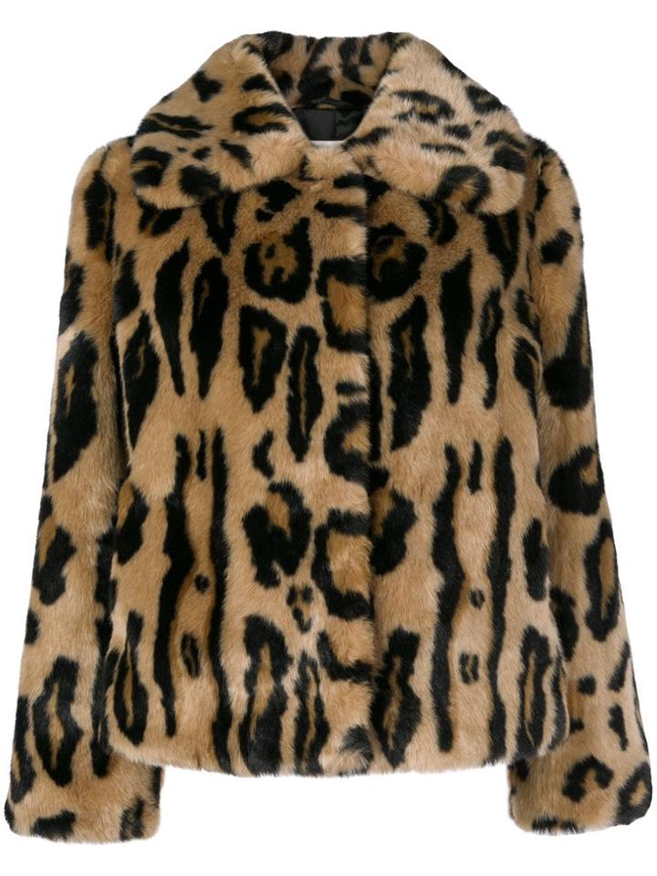 Stand Faux Fur Leopard Print Coat - Brown