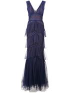 Marchesa Notte Tiered Chantilly Lace Gown - Blue