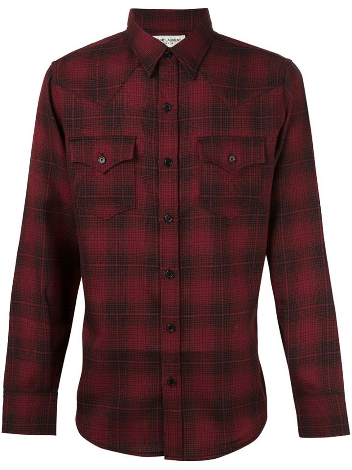 Saint Laurent Plaid Casual Shirt, Men's, Size: Medium, Red, Wool