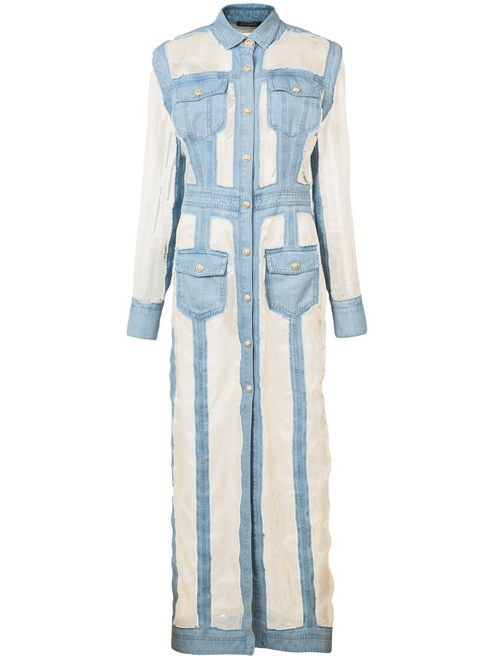 Balmain - Silk Inset Shirt Dress - Women - Silk/cotton - 40, Blue, Silk/cotton