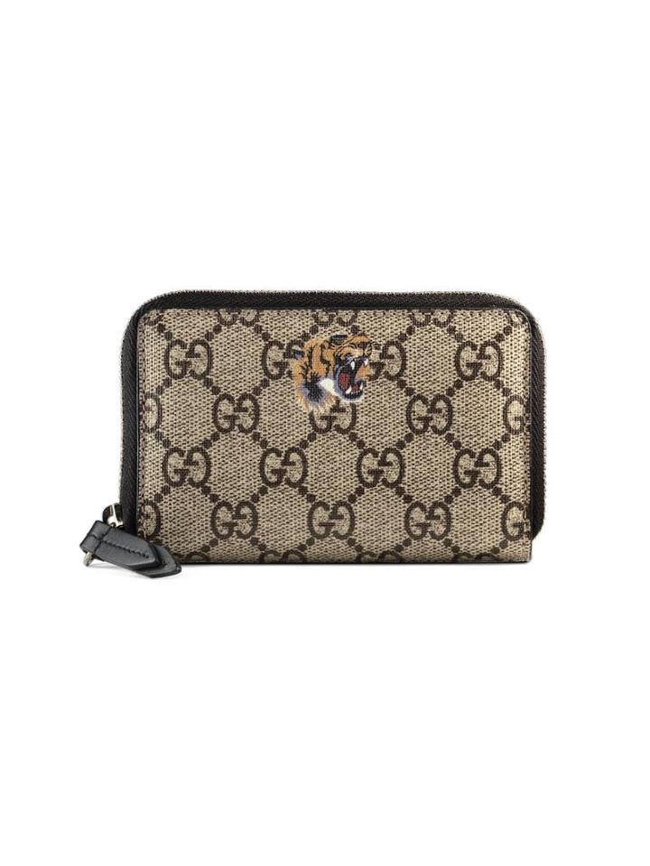 Gucci Tiger Print Gg Supreme Zip Card Case - Brown