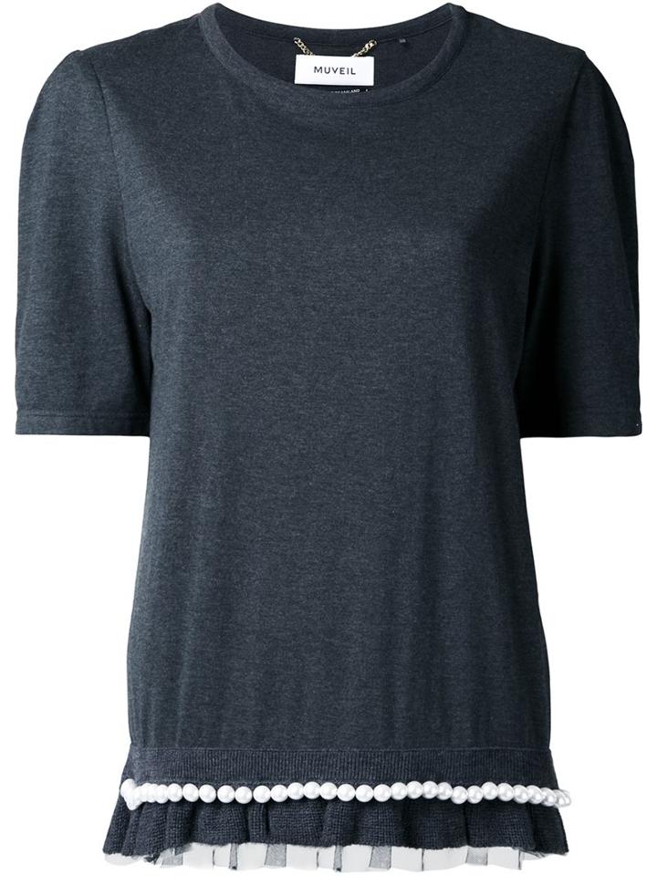 Muveil Ruffled Embellished Hem T-shirt