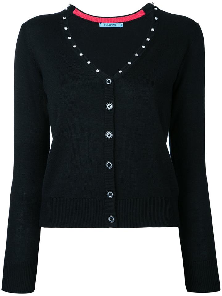 Guild Prime - Diamanté Studded V-neck Cardigan - Women - Acrylic/rayon - 36, Black, Acrylic/rayon