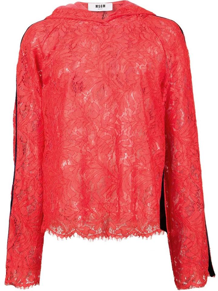 Msgm Lace Longsleeved Hoodie, Women's, Size: 42, Red, Cotton/polyamide