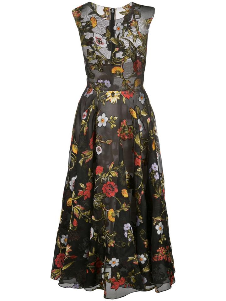 Oscar De La Renta Sheer Floral Embroidered Dress - Black