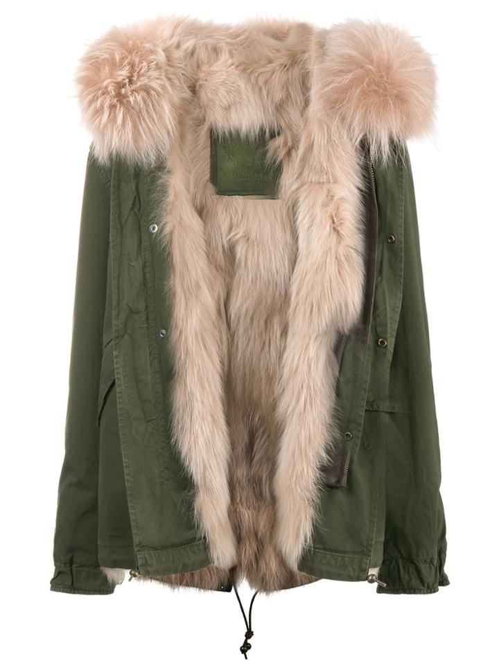 Mr & Mrs Italy Short Khaki Pink Fur Lined Parka - Green
