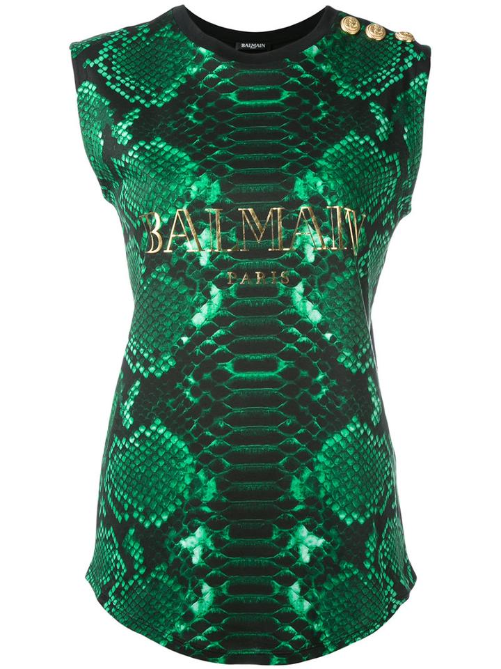 Balmain - Printed Logo Tank Top - Women - Cotton - 38, Green, Cotton