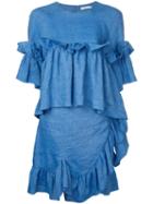 Goen.j - Ruffle Panel Dress - Women - Linen/flax - L, Blue, Linen/flax
