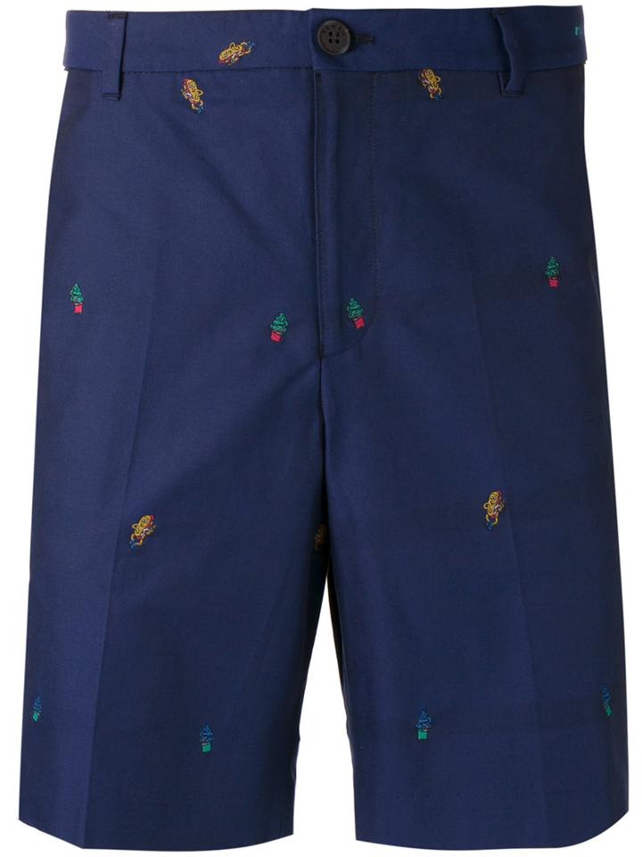Kenzo Badge Embroidered Chino Shorts, Men's, Size: 50, Blue, Cotton