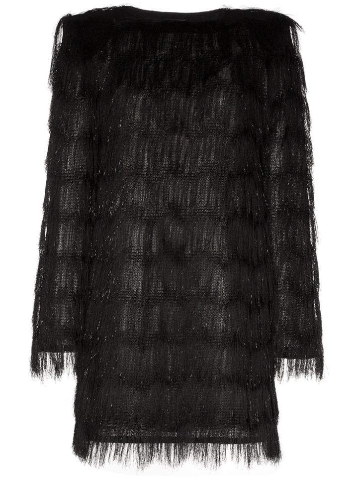 Balmain Sparkle Fringing Long Sleeve Mini Dress - Black