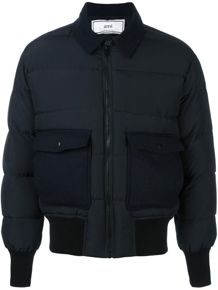 Ami Alexandre Mattiussi Padded Zip Jacket, Men's, Size: Small, Blue, Cotton/polyamide/polyester/wool