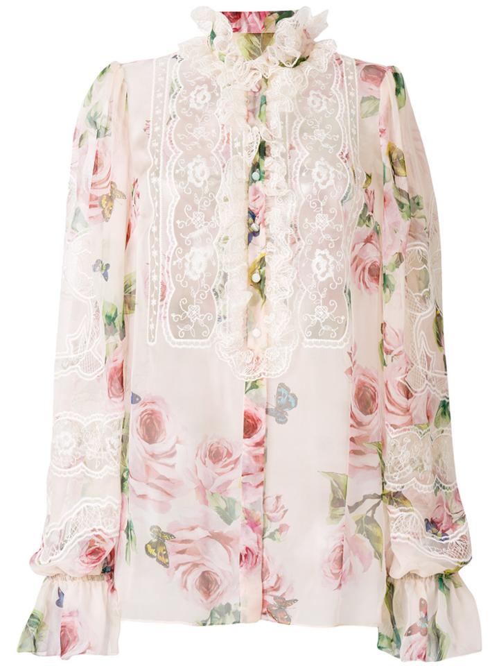 Dolce & Gabbana Floral Print And Lace Panel Shirt - Pink & Purple