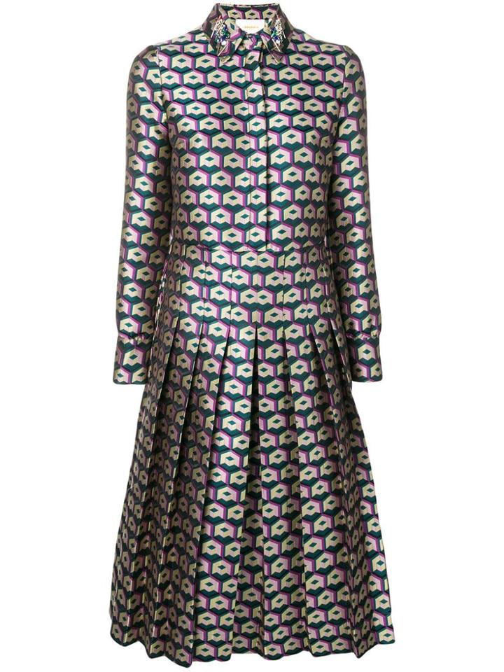 La Doublej Texture Pleated Shirt Dress - Green