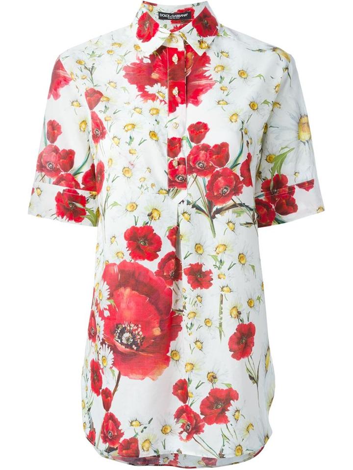 Dolce & Gabbana Daisy And Poppy Print Shirt, Women's, Size: 44, White, Cotton